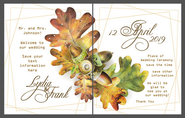 Set of two template cards with autumn oak leaves and acorns for invitation or poster design. Illustration painted with colored pencils on white background.