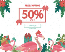 Promo Christmas, New Year Banner, Sale Poster And Flyer With Fun Flamingo Character. Editable Vector Illustration