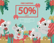 Promo Christmas, New Year Banner, Sale Poster And Flyer With Fun Koala Bear Character. Editable Vector Illustration