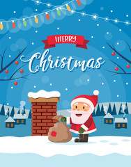 Wall Mural - Merry Christmas greeting card in flat style with Santa Claus character on the roof with the chimney, lettering. Vector illustration template