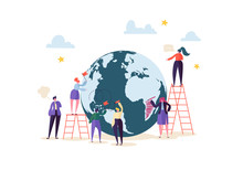 Global Business Concept With Characters Working Together. People Communicating In Work Process. Creative Teamwork Cooperation Worldwide Business. Vector Illustration