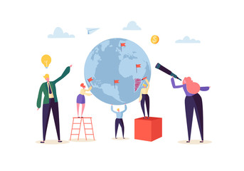 Wall Mural - Global Business Concept with Characters Working Together. People Communicating in Work Process. Creative Teamwork Cooperation Worldwide Business. Vector illustration
