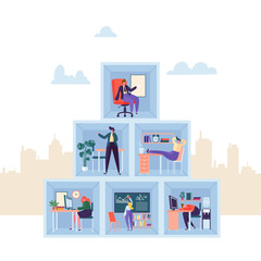 Wall Mural - Business Characters Working in Office. Three Floor Company Corporate Department with Business People. Organization Concept. Vector illustration