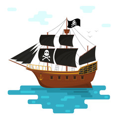 Canvas Print - Cartoon Pirate Ship with Black Sails. Vector