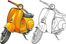 Vector Illustration, Yellow Scooter And In Line Version.