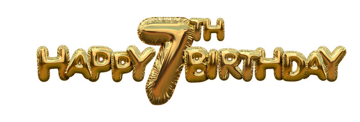 Happy 7th birthday gold foil balloon greeting background. 3D Rendering