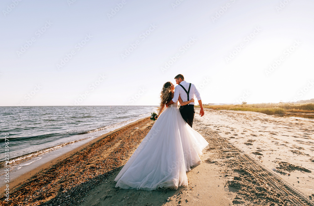 bride and groom on the seashore. wedding concept on the sea, on a fabulous island. - obrazy, fototapety, plakaty 
