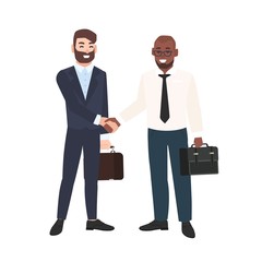 Two smiling men, businessmen or office workers shaking hands isolated on white background. Business deal, agreement, partnership or cooperation. Colorful vector illustration in modern flat style.