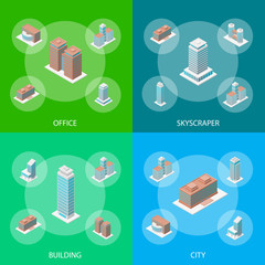 Wall Mural - Different Types Office Building 3d Banner Set Isometric View. Vector