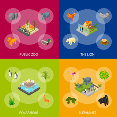 Poster - public zoo set concept 3d isometric view. vector