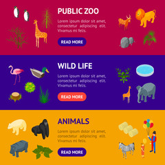 Poster - public zoo banner horizontal set concept 3d isometric view. vector