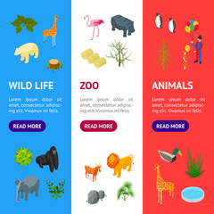 Poster - public zoo banner vecrtical set concept 3d isometric view. vector