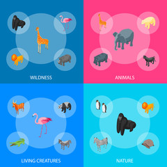Poster - wild animals 3d banner set isometric view. vector