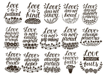 Set of 15 hand lettering quotes about love from Corinthians .