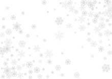 Snowflakes Falling On White Background. Horizontal Christmas And Happy New Year Theme. Silver Falling Snowflakes For Banner, Gift Card, Party Invitation, Partner Compliment And Special Business Offers