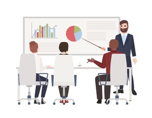 Poster - Office workers at whiteboard meeting. Bearded man making presentation in front of audience. Cute cartoon characters isolated on white background. Colored vector illustration in modern flat style.