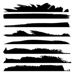 Vector collection of artistic grungy black paint hand made creative brush stroke set isolated on white background. A group of abstract grunge sketches for design education or graphic art decoration