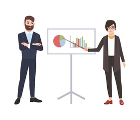 Aufkleber - Female office worker making presentation in front of man. Business meeting, training, learning. Cute cartoon characters isolated on white background. Colorful vector illustration in modern flat style.