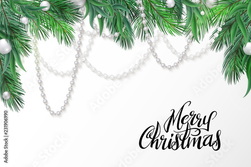 Vector Illustration Of Christmas Greeting Card Template With Hand Lettering Label Merry Christmas With Realistic Spruce And Eucalyptus Branches Beads Garland And Snowflakes Buy This Stock Vector And Explore