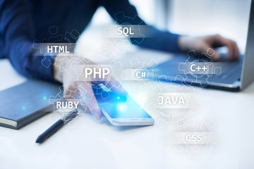 web development tools concept on virtual screen. programming language and scripts. php, sql, html, j