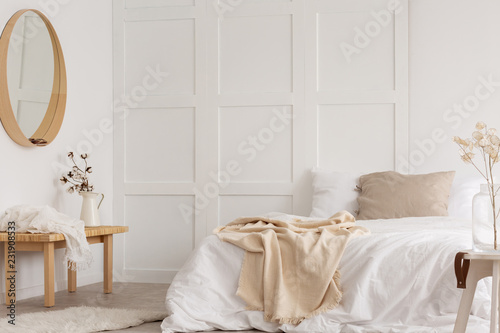 White Simple Bedroom Design With Mirror Dresser And Comfortable