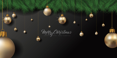 Merry Christmas and Happy New Year design with fir branches and gold baubles. Eps10 vector illustration.