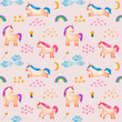 Seamless pattern. Cute watercolor unicorn on pink background. Beautiful watercolor unicorn illustration. Magic trendy pink cartoon horse perfect for nursery print and poster design.