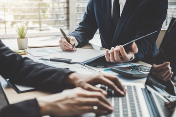 Poster - Two executive discussing company growth project success financial statistics, Partner meeting professional investor working start up project for both company with document, laptop and digital tablet