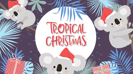 Tropical Christmas poster with fun koala bear. Merry Christmas greeting or invitation card. Editable vector illustration