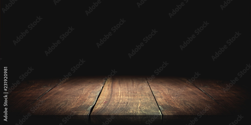 Wood table in the dark background. - obrazy, fototapety, plakaty 