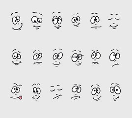 Cartoon faces emotions. Set of different hand drawing funny sad crazy stupid drowsy faces.