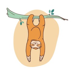 Poster - Adorable sloth clinging to branch and hanging. Joyful wild exotic animal playing on tropical tree. Cute cartoon character isolated on white background. Childish vector illustration in flat style.