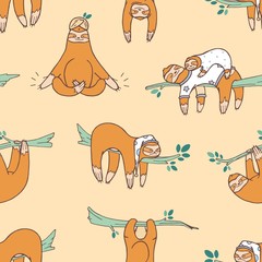 Poster - Seamless pattern with cute sloths sleeping, napping, dozing. Backdrop with adorable lazy wild exotic animal. Colored cartoon vector illustration in flat style for wrapping paper, textile print.