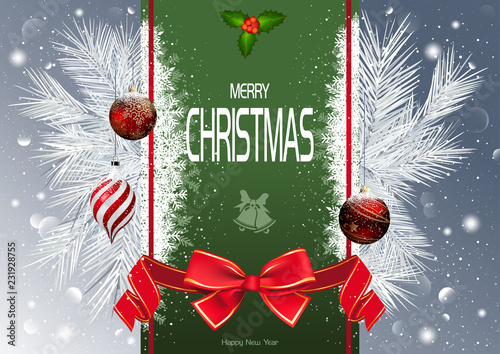 Christmas Background with Green Strip and Snowy Branches with Red Christmas O...