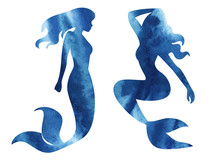 Mermaid Watercolor Silhouette Illustration On White Background.