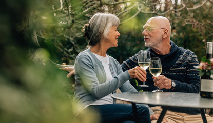 Wall Mural - Senior couple toasting wine sitting in backyard