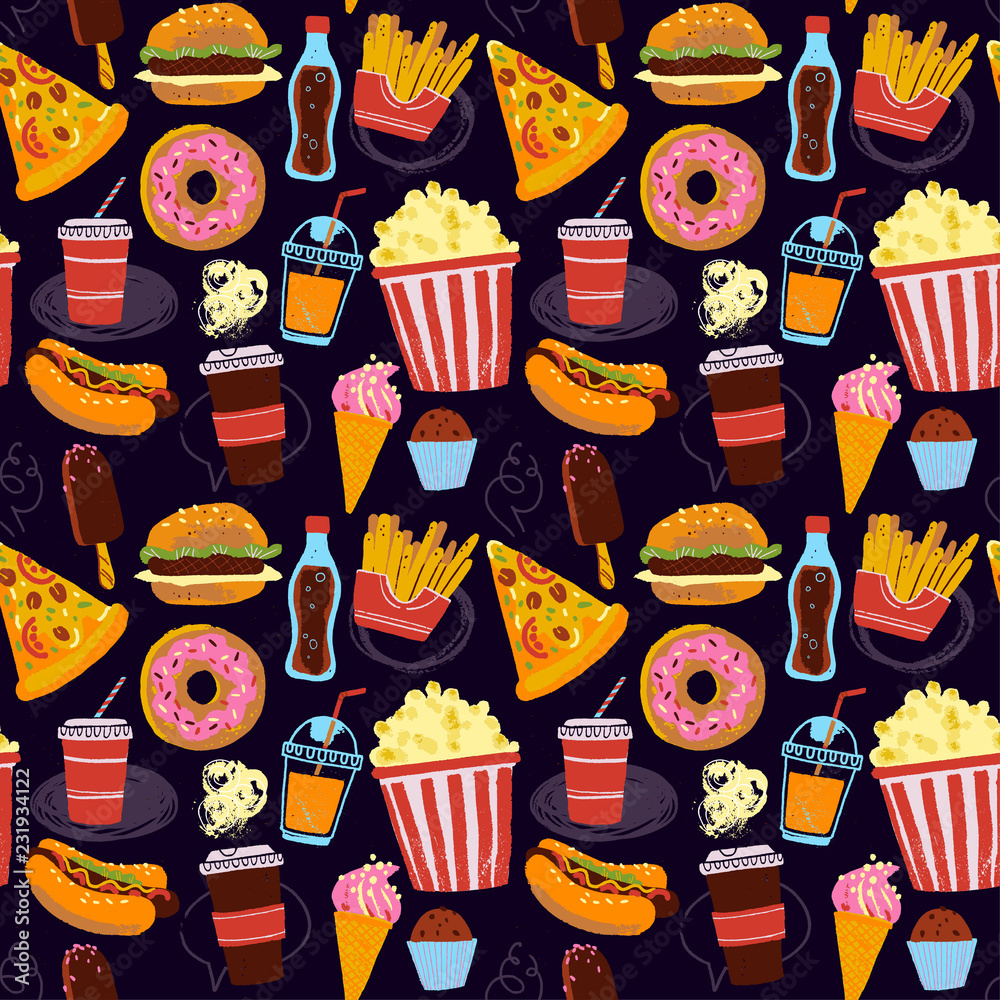 Vector seamless pattern with tasty fast food illustration - donut, pizza,  burger, hot dog, coffee to go -, image size:1000x1000