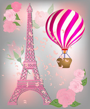 Beige French Paris Background With Eiffel Tower And Air Balloons.