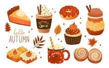 Collection Of Pumpkin Spice Seasonal Flavored Products, Food And Drinks Isolated On White Background. Bundle Of Autumn Delicious Sweet Desserts Or Pastry. Modern Colorful Vector Illustration.