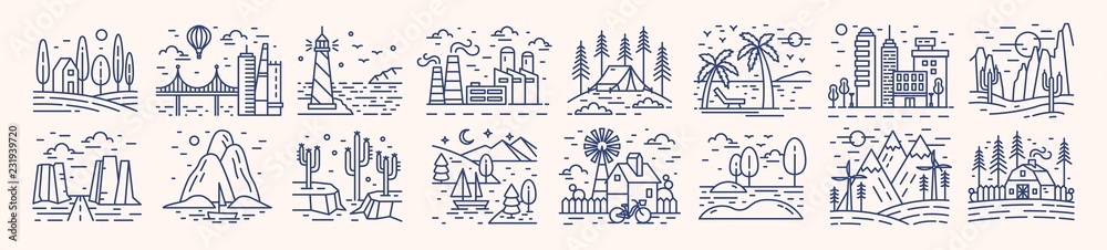 Collection of picturesque landscape icons or symbols drawn with contour lines on light background. Bundle of beautiful linear natural sceneries. Monochrome vector illustration in lineart style. - obrazy, fototapety, plakaty 