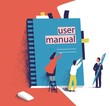 Tiny people or managers trying to open giant user manual. Small men and women and large computer software guide or technical document. Colorful vector illustration in modern flat cartoon style.