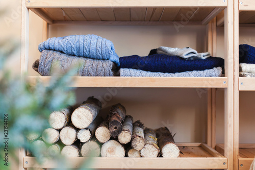 Christmas Interior With Decoration In Rustic Style Shelves