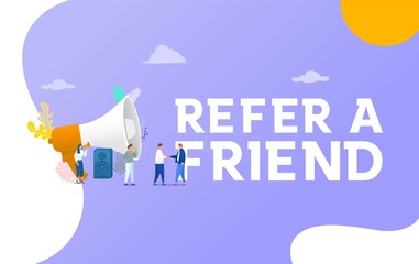 Refer a friend, people shout on megaphone with Refer a friend word concept vector illustration with character hand shake, landing page, template, ui, web, mobile app, poster, banner, flyer