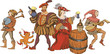 Medieval jugglers, cavalier and pretty girl with beer mugs. Engraved style. Vector illustration