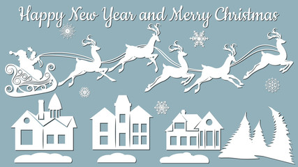 houses, spruce, wood, sleigh, reindeer. Vector. Plotter cutting. Cliche. The image with the inscription - merry Christmas. For laser cutting, plotter and silkscreen printing.