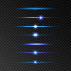 Wall Mural - lens flare set. blue and violet glowing line set on transparent background. shine beams. flash with 