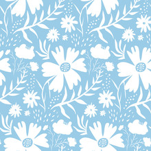 Tender Hand Drawn White On Blue Floral Seamless Pattern. Cute Cartoon Texture With Silhouettes Of Blossoms, Leaves, Waterdrops For Textile, Wrapping Paper, Print Design, Surface