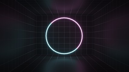 Poster - 3d rendering. Futuristic tunnel with bright neon light. Artificial intelligence and virtual reality. Abstract digital background with blur and reflection. Programs, web, innovation concept
