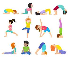 Yoga kids vector young child yogi character training sport exercise illustration healthy lifestyle set of cartoon boys and girls wellness activity of stretching meditation isolated on white background