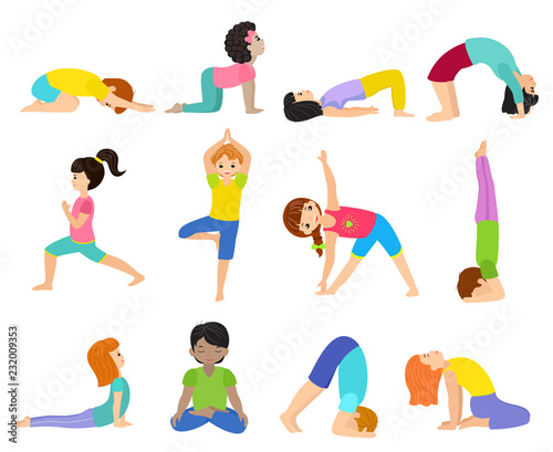 Yoga kids vector young child yogi character training sport exercise ...